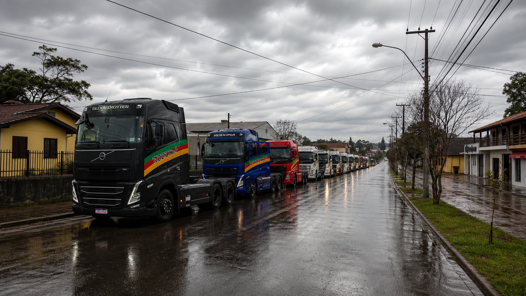 Frota RODOMA em comboio sob chuva em foto expandida