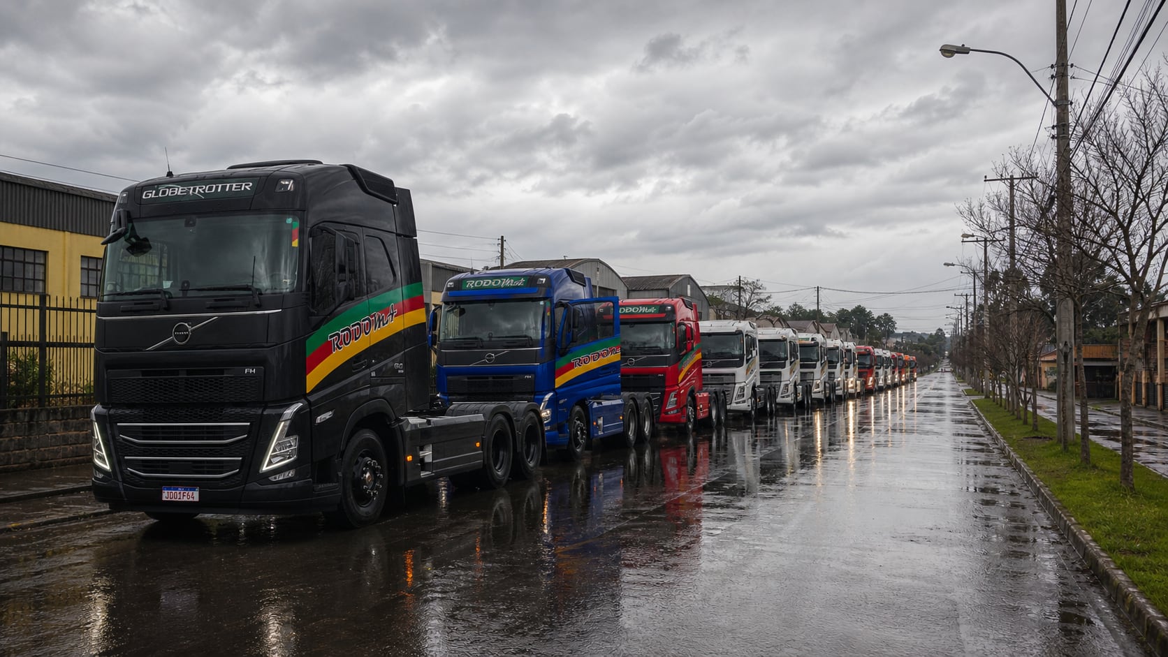 Caminhões RODOMA alinhados em comboio em foto expandida